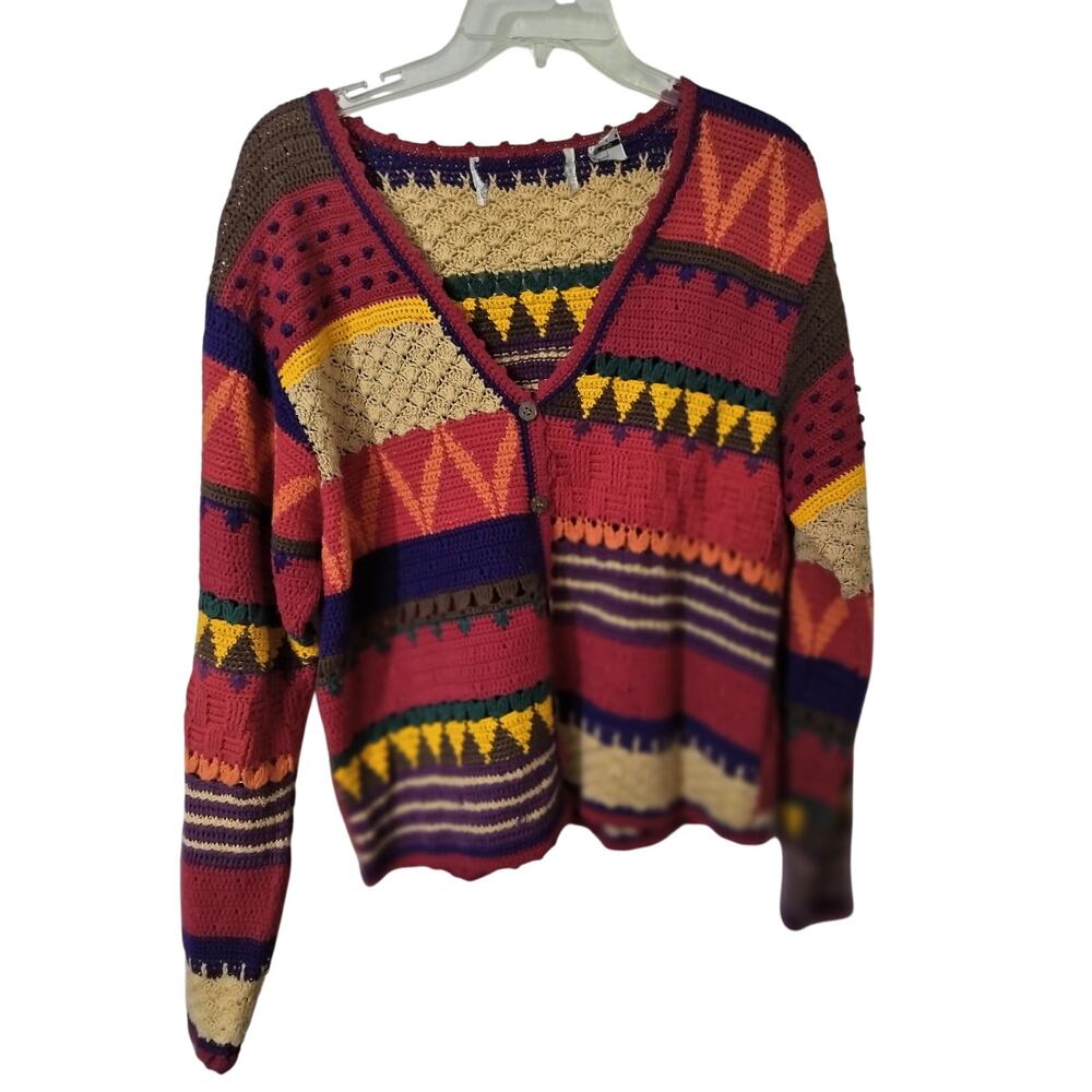 3495)Vtg  Multicolor Knit All-over Geometric Pattern Button Up Sweater Medium